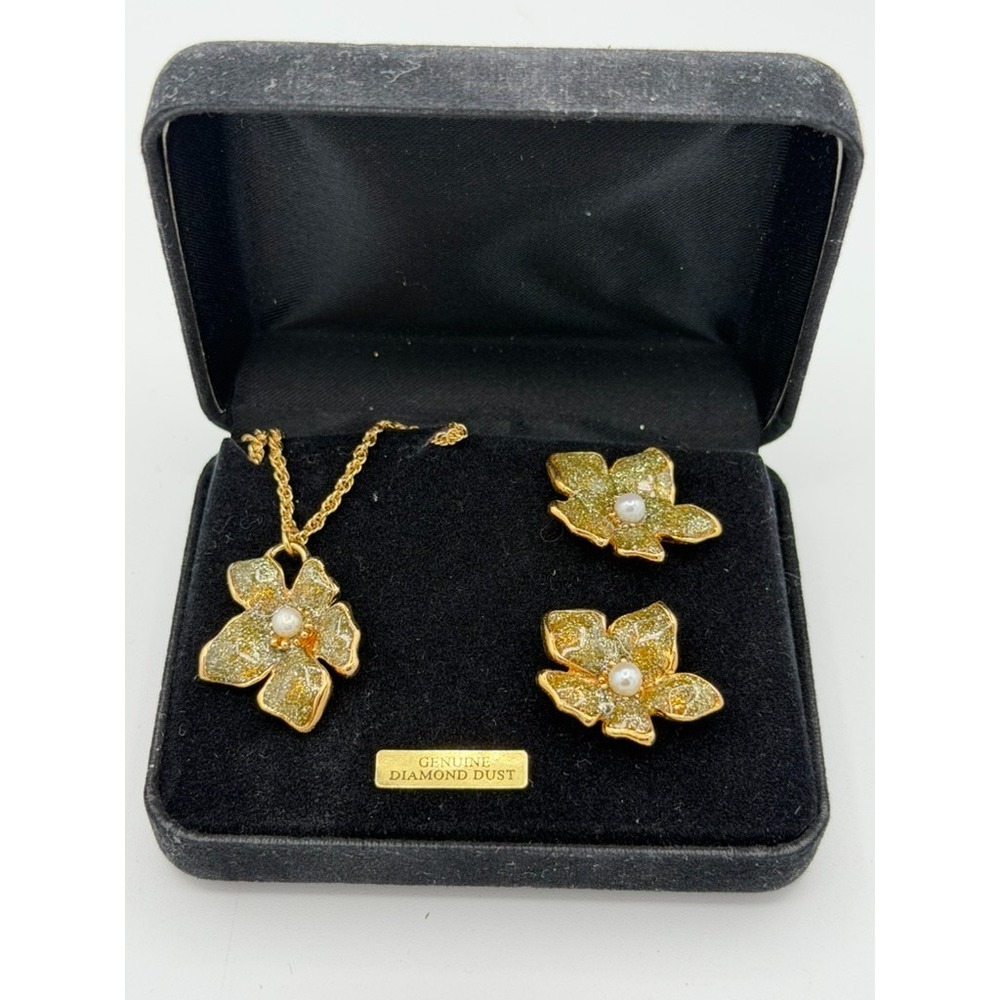 Vintage Genuine Diamond Dust Flower Jewelry Set Necklace Earrings Gold Tone
